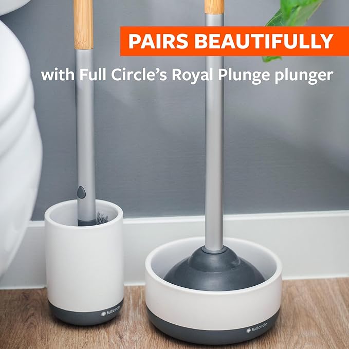 Full Circle Scrub Queen, Bathroom Toilet Brush with Ceramic Holder and Diatomaceous Earth Disk for Mold & Mildew Prevention, More Hygenic Toilet Cleaning Scrubber, Replaceable Head, White