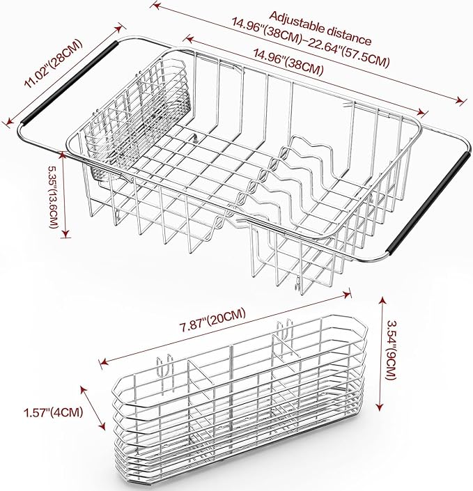 SwetLao Large Sink Dish Drying Rack, Expandable 304 Stainless Steel Metal Dish Drainer Rack Organizer Shelves with Stainless Steel Utensil Holder Over Inside Sink, Rustproof
