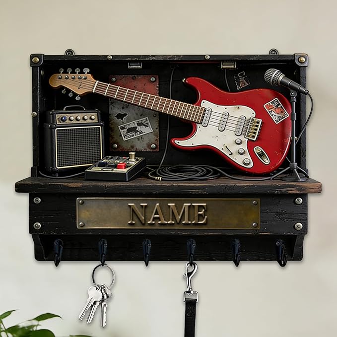 Custom 2D Flat Print Rock Guitar Key Storage Holder for Music Lover Family Friends Music Themed Wall Hooks Personalized Vintage Guitar Stand Name Key Rack Coat Holder for Culb Living Room Hallway
