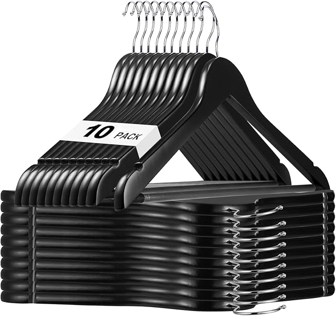 HOUSE DAY Black Wooden Hangers 10 Pack, Solid Wood Hanger with Non Slip Pant Bar, Heavy Duty Wooden Coat Hanger for Closet, Smooth Finish Wood Clothes Hangers for Shirts, Suits, Jackets, Dress