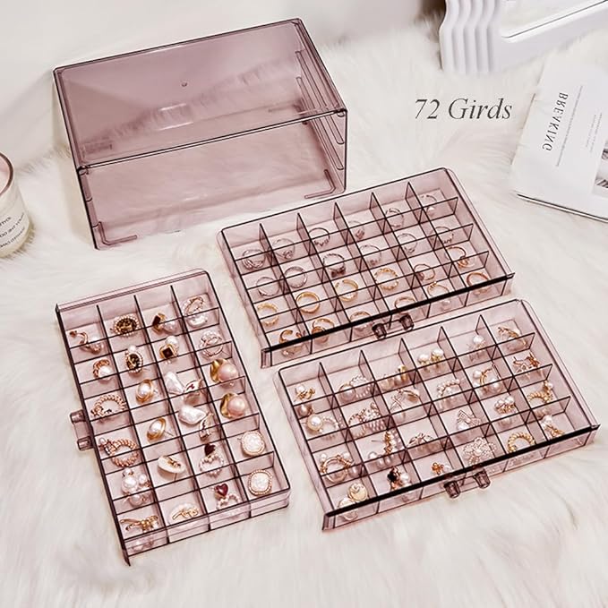 Earring Storage Box Organizer 3 Drawers Acrylic Jewelry Storage Box Holder Transparent Jewelry Display Stand with 72 Small Compartments Gift for Women Girls (Clear Purple Brown)