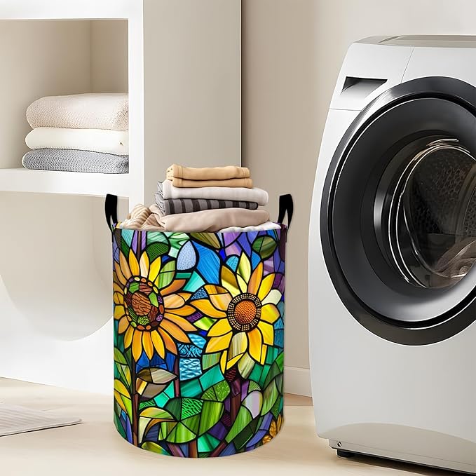 Stained Glass Style Sunflower Art Laundry Basket with Handles, 19.7"x15.7" Clothes Foldable Laundry Hamper Organizer for Dorm Nursery Bedroom Bathroom Decor, Toy Storage Bin for Kids