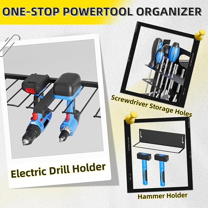Power Tool Organizer Wall Mount with Charging Station, 4 Layers 4 Drill Holder, Heavy Duty Storage Utility Racks, Supports 600 lbs,Battery Shelf for Garage and Workbench (16 Inch 4 Drills Holder)