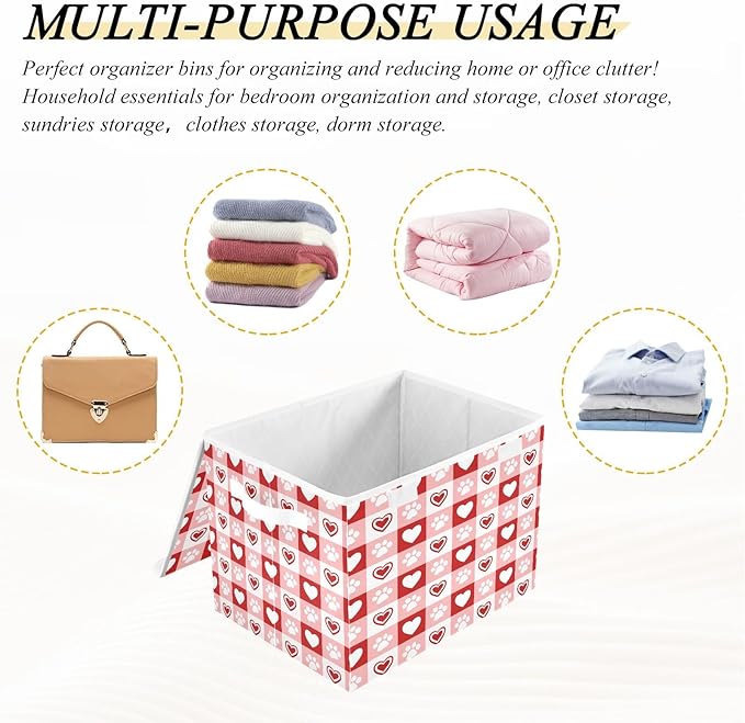 Bolaz Red Checkboard Dog Footprint Hearts Pattern Storage Bins with Lids and Handles, Foldable Storage Box Storage Basket with Cover Collapsible Organizer Containers for Home Closet, Shelves