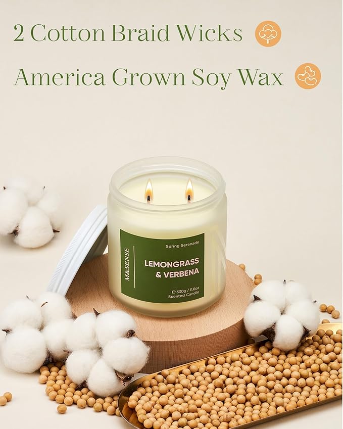 M&SENSE Lemongrass Verbena Scented 11.6oz 70 Hours Burn Non Toxic Natural Soy Wax Long Lasting Summer Scented Candle for Home Decor Aromatherapy Best Smelling Gifts for Him