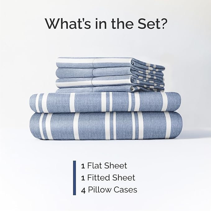 Queen 6 Piece Sheet Set - Comfy Breathable & Cooling - Soft Hotel Luxury Bedding Set with 8-16 Inch Deep Pockets - 1 Flat & 1 Fitted Sheet & 4 Pillowcases - Wrinkle Free & Easy Care - Blue Stripes 3