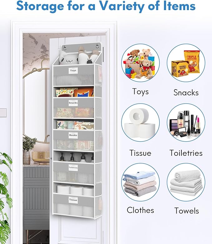 Optish Over The Door Organizer Hanging, 5 Shelf Behind The Doors Storage, Pantry Door Organizer, Closet Organizers for Bedroom and Nursery (Grey)