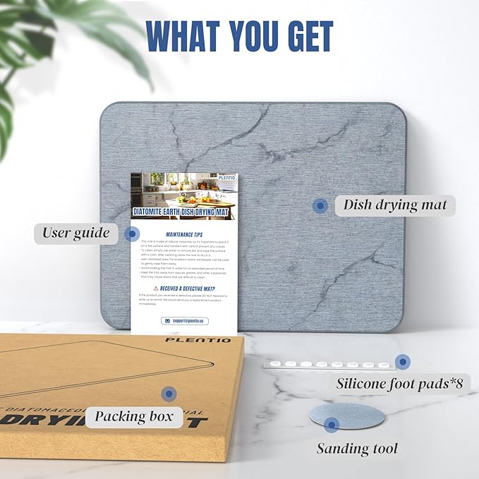 CREOMG Quick Dry Stone Drying Mat for Kitchen Counter, Water-Absorbent Diatomaceous Dish Drying Mats, Multi-Purpose Stone Drying Tray for Cups Dishes Bottles, Light Gray-Marble, 15.7" x 11.8"