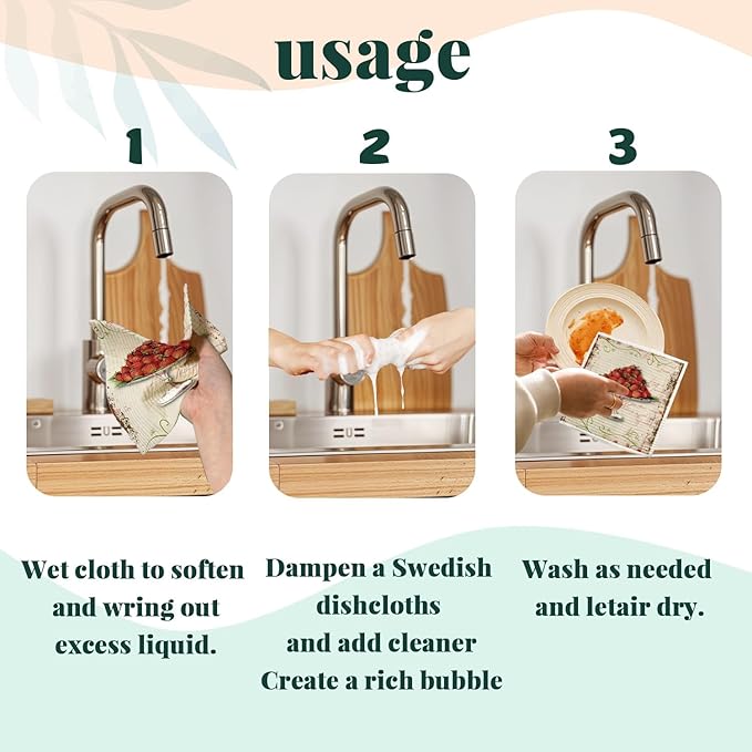 LARTSFRO Swedish Dishcloths for Kitchen, Papaya Reusable Paper Towels Washable, Vintage Strawberries Swedish DishCloths for Friut, 4 Pack Dish Towels for Kitchen