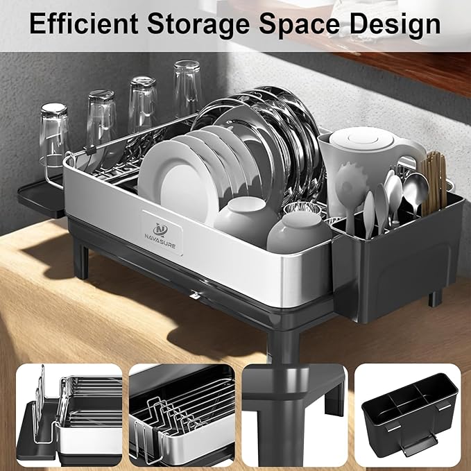 NAVASURE Dish Drying Rack | Stainless Steel Dish Rack for Kitchen Counter, Space Saving | Dish Drainer with Drainage & Utensil Holder | Escurridor de Platos para Fregadero (Black)