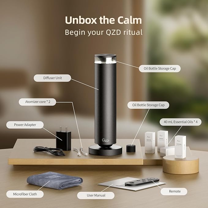A5 Waterless Essential Oil Diffuser Starter Kit – 1000 Sq Ft Large Room Waterless Diffuser for Home, Hotel Scent Diffuser with Remote Control & Halo Light, Includes 4×40ml Oils, Black Aluminum