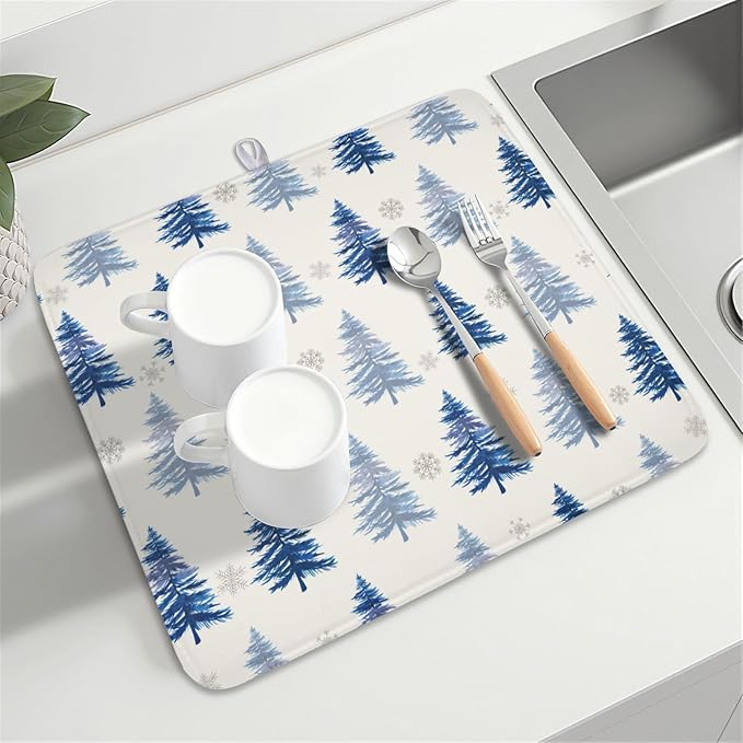ABSOP Winter Dish Drying Mat 16 x 18 Inch Blue Tree Dish Drying Pad Absorbent Microfiber Mats for Snowflake Dish Rack Pad for Holiday Kitchen Counter Coffee Bar Decor