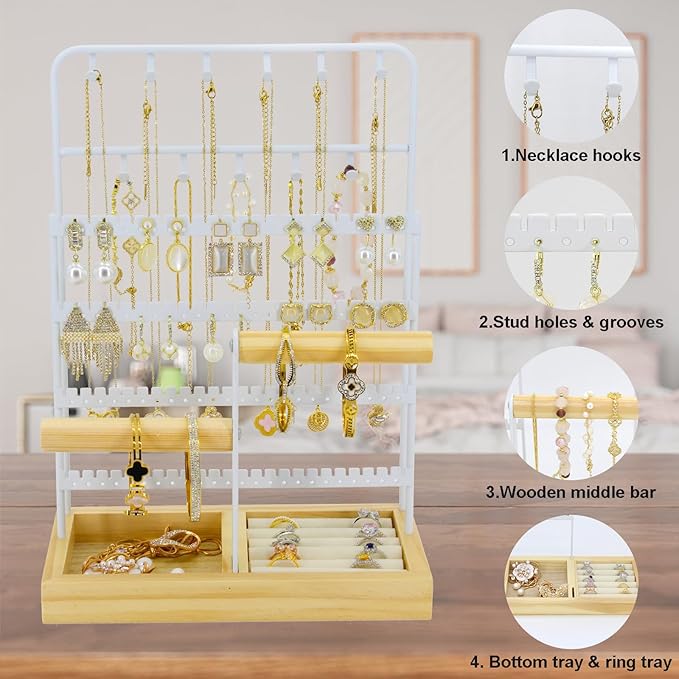 JONKASIPA Jewelry Holder Organizer Stand 4-Tier Necklace Stand Earring Holder with Wooden Tray, Jewelry Rack for Bracelets Watches and Rings Display Stand, Gifts for Women & Girls-White