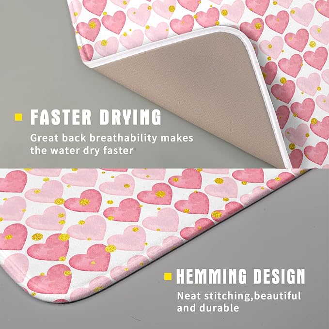 Valentines Day Dish Drying Mat for Kitchen Counter 18x16 Inch Love Drying Mat with Absorbent Reversible Microfiber Golden Pink Heart Dish Drainer Mats Rack Pad for Coffee Countertop Protector