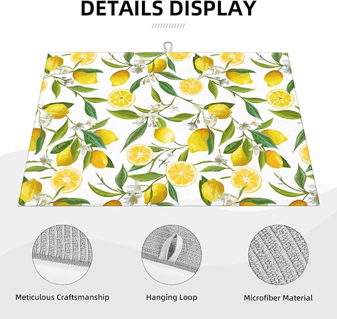 Lemon Dish Drying Mat for Kitchen Counter, Spring Summer Lemon Floral Drying Mat, Reversible Water Control Mat, Kitchen Countertop Absorbent Mat, Dish Draining Mat 18"x24"