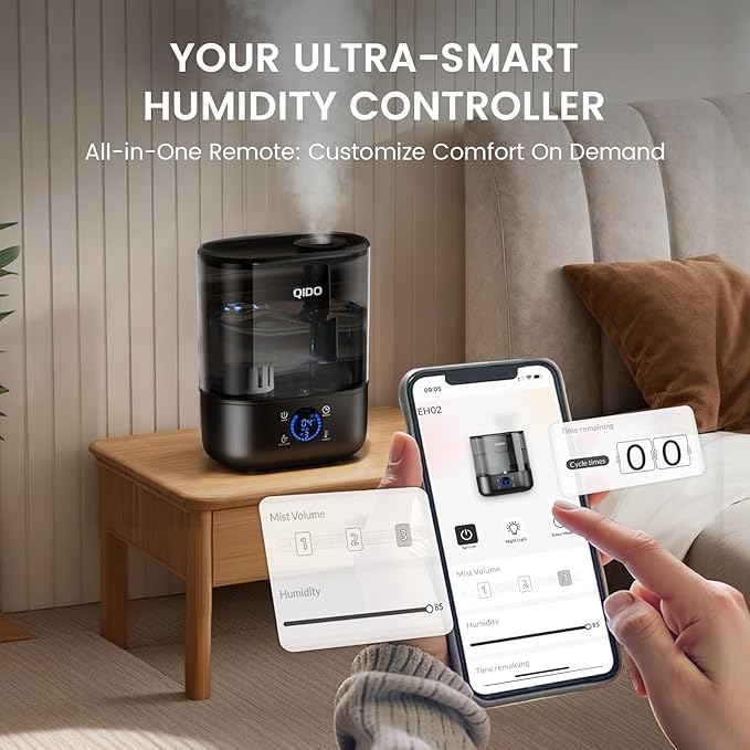 QIDO Top Fill Humidifiers for Bedroom, 5 L Cool Mist 36H Super Long Time, Quiet 28dB Essential Oil Diffuser for Baby & Plants, 3 adjustable Mist with Touch/APP/7-color Nightlight, Auto Shut-off, Black
