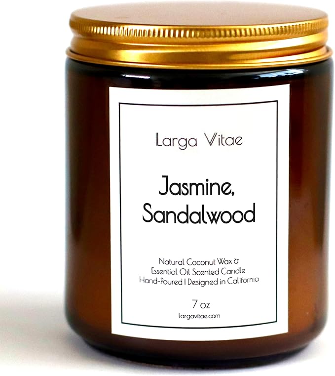 All-Natural Jasmine, Sandalwood Aromatherapy Essential Oil Candle, Safe for People and Pets, Made with Pure Sustainable Organic Vegan Coconut Wax, Allergy Friendly, Non Toxic, Zero Waste