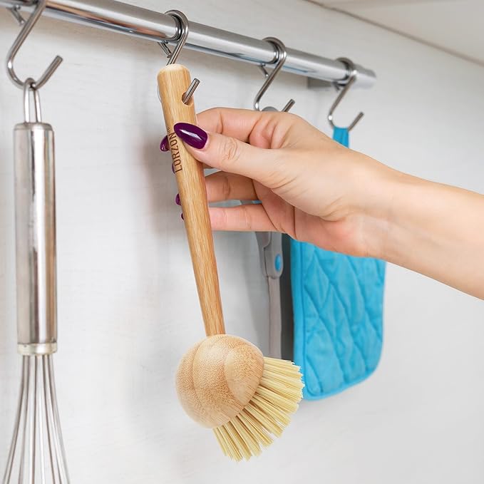 Lorzon 2 Pack Dish Brush with Handle, Bamboo Dish Scrub Brush, Kitchen Brushes for Dishes, Scrubber, Pots, Pans, Sink, Dishwashing Cleaning Brush