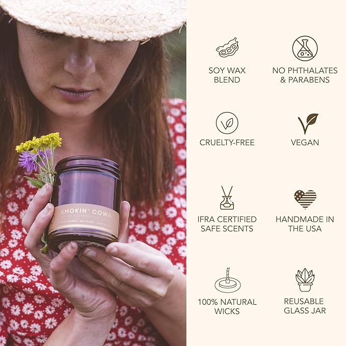 Bia Candle Co Soy Blend Candle, Woody Tuscan Leather, Sandalwood & Cedar with Iris – Long-Lasting Clean Burn, Lead-Free Wick – Brown Glass Jar, Gold Lid – Smokin’ Cowboy Scent, 7 oz