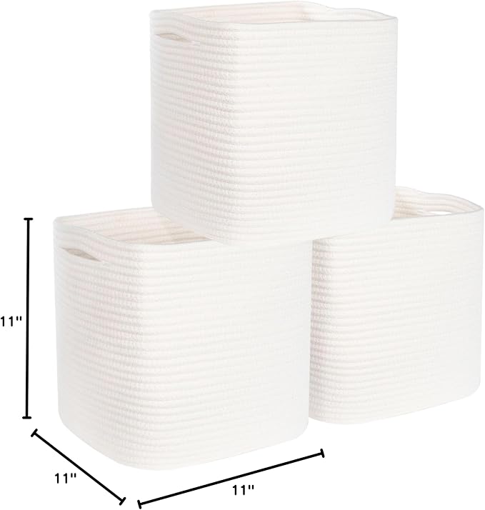 MINTWOOD Design 3-Pack 11x11in Woven Cube Storage Bin and Shelf Baskets, Cute Decorative Square Organizer for Closet, Classroom, Bathroom, Dog and Cat Toys, and Books, Creamy White