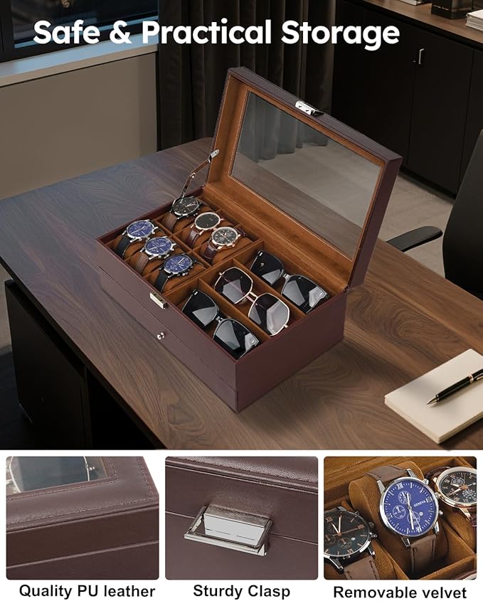 Jenseits Watch Organizer & Jewelry Box for Men – 6 Watch Slots, 3 Sunglass Slots, Drawer for Rings, Bracelets & Cufflinks, 2-Layer Leather Watch Display Case w/Glass Lid, Gift for Men & Women, Brown