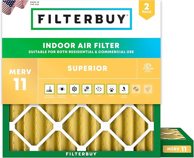 Filterbuy 18x18x2 Air Filter MERV 11 Superior Pet & Allergy Defense (2-Pack), Electrostatic Pleated HVAC AC Furnace Filters Replacement, Made in USA (Actual Size: 17.75 x 17.75 x 1.75)