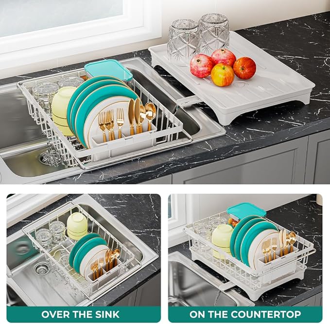 HANLE Small Dish Drying Rack in Sink, Expandable Stainless Steel Dish Drainers for Kitchen Counter, with Drain Board & Utensil Holder(White)