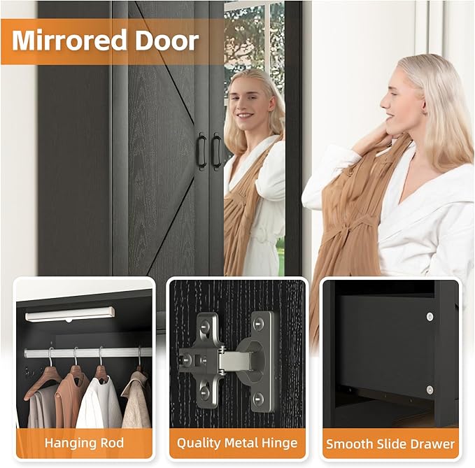 Armoire Wardrobe Closet with Mirror and 2 Drawers, 72'' Bedroom Armoire Wardrobe Cabinet with Hanging Rod and Light,Wooden Bedroom Closet with Adjustable Shelf