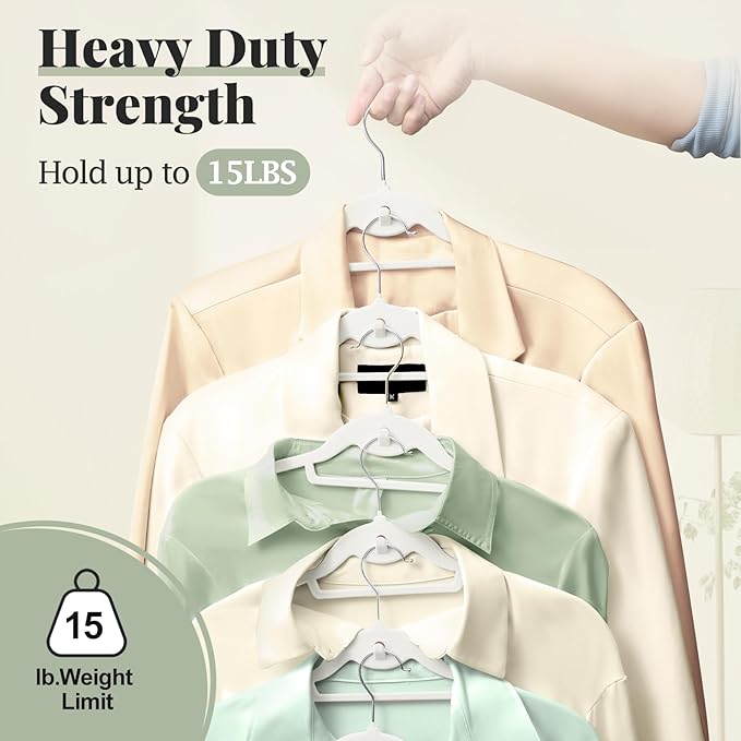 UEAKPIC Velvet Hangers 50 Pack, S-Shaped and Stackable Non Slip with 360°Swivel Hook, Ultra Thin and Space Saving Flocked, for Suits, Shirts, Coats, 15Lbs Capacity Heavy Duty, White