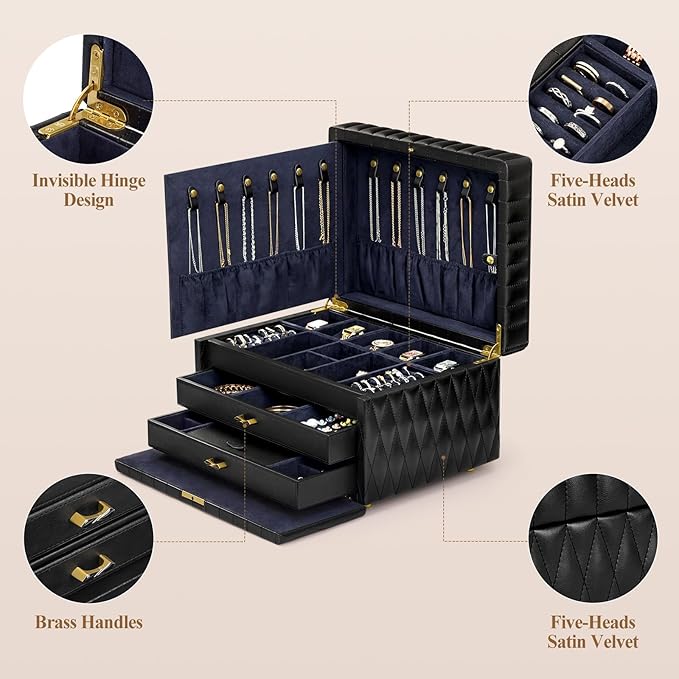 Genuine Leather Jewelry Box - 3 Layer Large Jewelry Organizer with Mirror, Lockable Jewelry Box for Women - Necklace, Ring, Earring Organizer with Drawer - Valentine's Day Gift (Black)