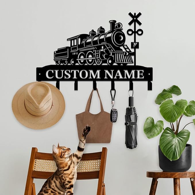Personalized Train Metal Keys Hooks,Custom Name Metal Train Keys Hooks,Black Metal Train Wall Home Storage Decorative Keys Hooks,Key Holder Hooks for Wall (Style J)