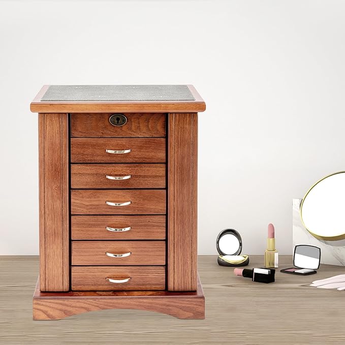 Retro Jewelry Box 7-Tier Large Jewelry Organizer with 6 Drawers and 2 Side Doors Women Girls Storage Case for Necklace Rings Earrings Accessories, with Mirror and Lock,11.1x6.9x14.2in,MDF (Brown)