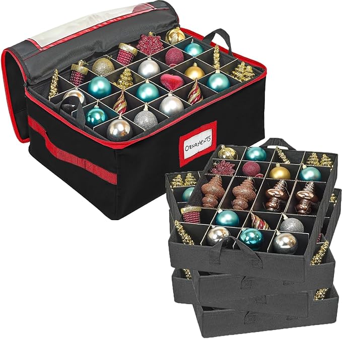 HOLDN’ STORAGE Christmas Ornament Storage Box with Dividers - Fits 96-3” Ornaments, 4 Removable Trays, Durable & Space-Saving, Clear Top Lid, Convenient Storage Designed, Black