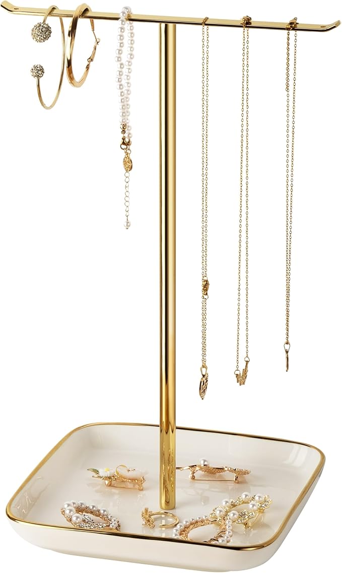 pickpiff Necklace Holder Stand with Ceramic Base: 12" Jewelry Tree Display Organizer for Necklaces, Bracelets, Rings, Earrings, Tall Gold Stand for Women, Aesthetic Room Décor, Gold and White