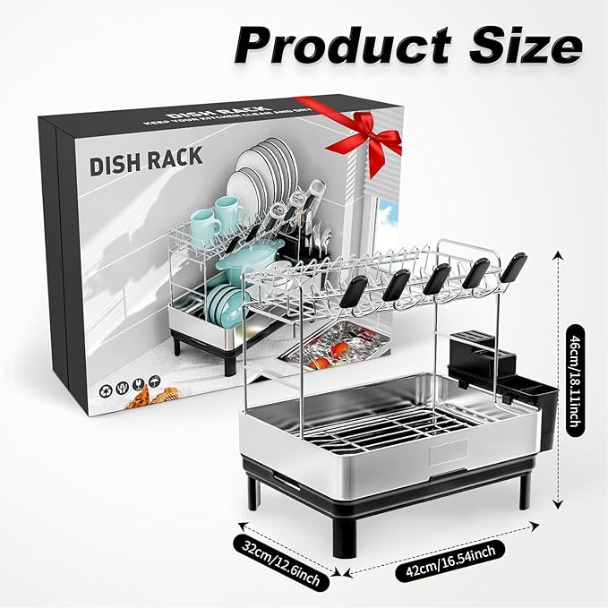 Ewaiira Dish Drying Rack, 2 Tier Large Dish Rack, Stainless Steel Dish Drainer for Kitchen Counter, Dishes Rack with Automatic Drainage, Utensil Holder,Cups Holder,Space Saving Kitchen Organizer,Black