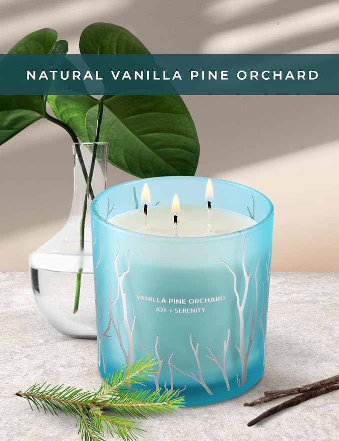 Vanilla Pine Orchard 3 Wick Soy Candle Large 14.5oz | Fresh Vanilla Pine Scented Candles for Home | Teal Blue Frosted Decorative Spring Candle | Clean Woodsy Scent | Aromatherapy Candle, Birthday Gift