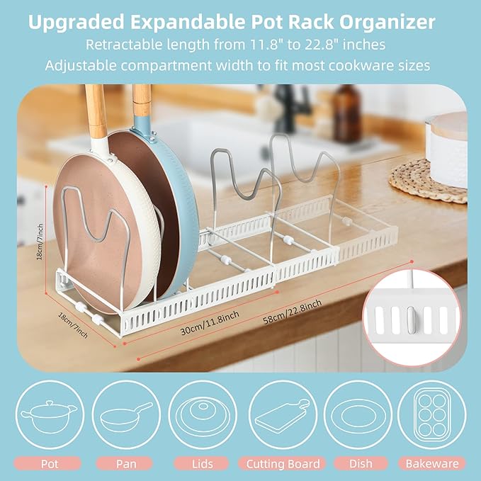ROOHUA Pot Rack Organizer -Expandable Pot and Pan Organizer for Cabinet,Pot Lid Organizer Holder with 10 Adjustable Compartment for Kitchen Cabinet Cookware Baking Frying Rack
