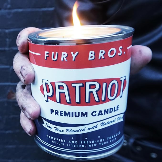 Fury Bros. Scented Candles for Men | Patriot | Campfire & Fresh-Cut Tobacco | Natural Soy Wax | Hand-Poured in The USA | Long 70-80 Hour Burn (12.5 oz) | Vintage-Inspired Tin Design | Dad Home Gift