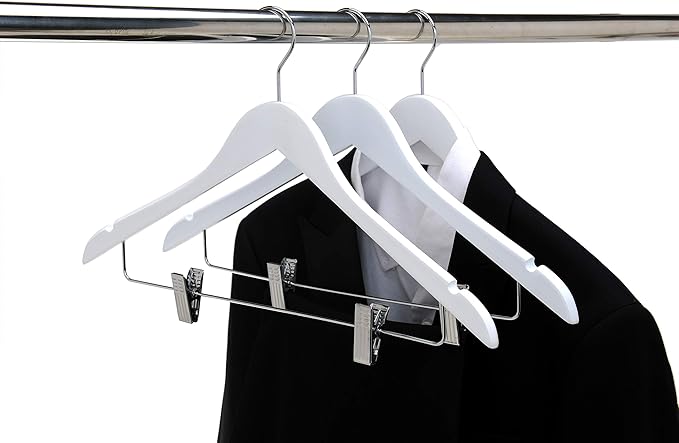 Quality Wooden Skirt Hangers with Clips, 10-Pack Smooth Solid Wood Pants Hangers with Durable Adjustable Metal Clips, Swivel Hook, Coat, Jacket, Blouse Suit Hangers (White, 10)