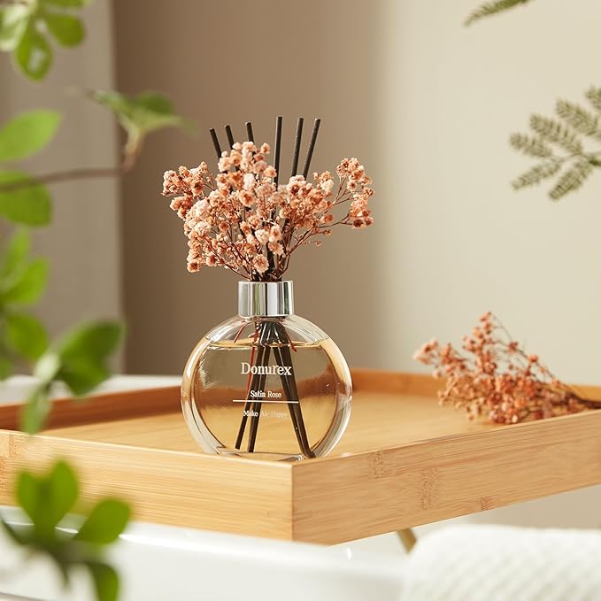 Flower Reed Diffuser Set 5.07oz Satin Rose Scent Diffuser with Sticks Home Fragrance Reed Diffuser for Bathroom Shelf Decor