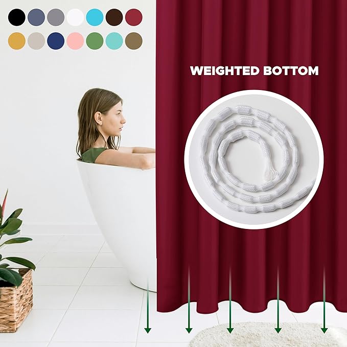 Biscaynebay Extra Long Fabric Shower Curtain Liners 72" Width by 84" Length, Burgundy Water Resistant Bathroom Curtains Rust Resistant Grommets Top Weighted Bottom Machine Washable