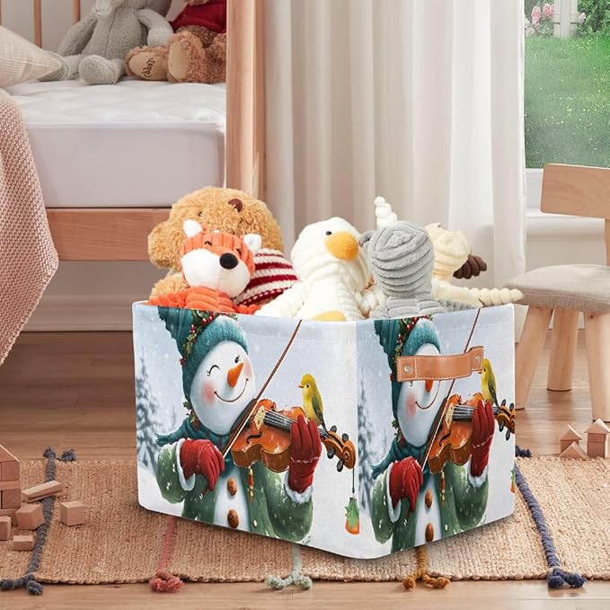 Storage Baskets Bin, Christmas Winter Snowman Collapsible Canvas Fabric Storage Bin Decorative Baskets Toy Organizer Rectangle Storage Boxes with Handles for Home Shelves Nursery, J-020