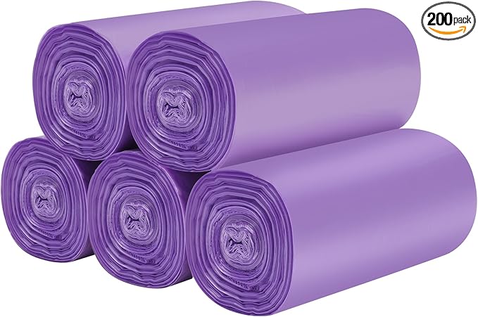 5 Rolls Small Trash Bags - 200 Counts Durable 4 Gallon Small Garbage Bags for home office kitchen Bathroom Bedroom Trash Can liners（Purple）