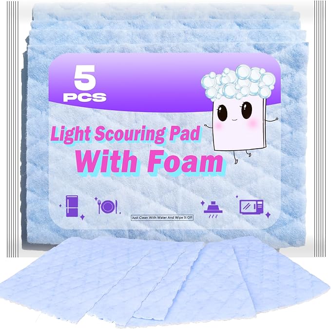 5 pcs Light Scrub Pad Singles with Foam, Triple Cleaning Scouring Pad Heavy Duty Household Non-Scratch Abrasive Hand Pad Multi Surface Magic Sponge Sheets for Home Surfaces Indoor Cleaning