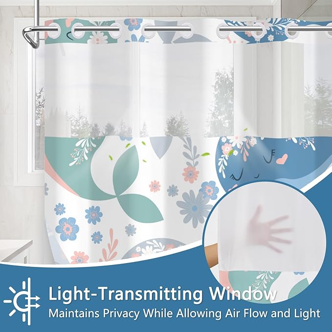 No Hook Shower Curtain with Snap-in Liner, Shower Curtains for Bathroom with Weighted Bottom & See Through Top Window, Cute Whale Fabric Shower Curtain for Home, Dormitories, and Hotel, 71 x 74 Inch