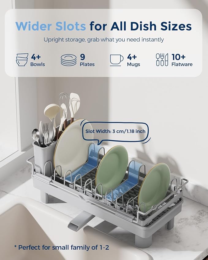 Nacial 2-in-1 Small Dish Drying Rack Fits 14''–21.8'' Sink, Dish Drainers for Kitchen Counter Extend Kitchen Sink Drain Basket with Utensil Holder & Auto-Drain Tray, Stainless Steel Plate Rack, Gris