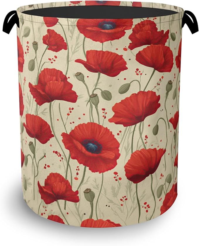 Vintage Poppy Flower Laundry Basket,Oxford Cloth Laundry Hamper with Handle Foldable Portable Clothes Storage Basket for Bathroom Bedroom Dorm Room 16" x 20.8"