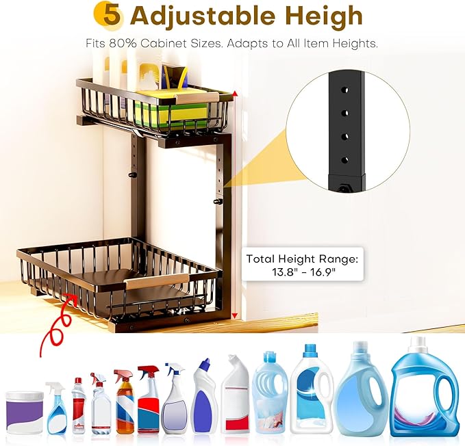 ZELOREA Under Sink Organizer, Heavy-Duty & Rust-Resistant Carbon Steel Metal, 2 Tier Pull Out Under Bathroom Sink Storage, Adjustable Height (13.8" -16.9"), Organizer for Kitchen Cabinet(2PCS,Black)