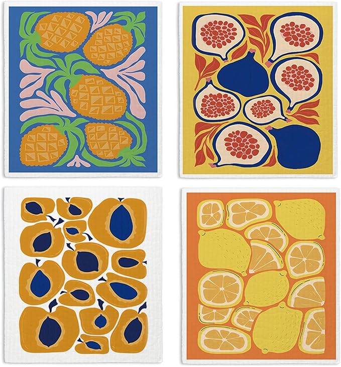 LARTSFRO Swedish Dishcloths for Kitchen, Papaya Reusable Paper Towels Washable, Summer Lemon Pineapple Swedish DishCloths for Friut, 4 Pack Dish Towels for Kitchen