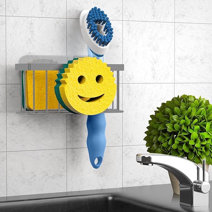 MURLONG Sponge Holder Smiley Face,Sink Caddy for Kitchen Sink,Sponge Holder with 2 PCS Suction Cups/1 PCS Adhesive Strips,Designed for Sponge,Soap,Dish Brush,Scrubber-Charcoal Gray